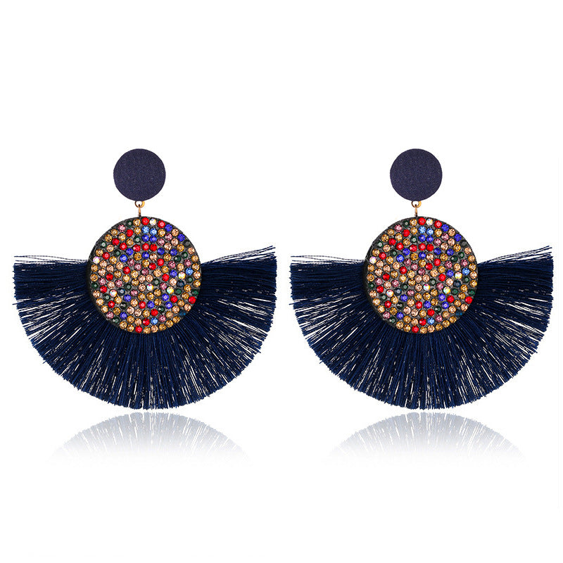 Wholesale Colored Diamond Scalloped Tassel Bohemian Exaggerated Earrings